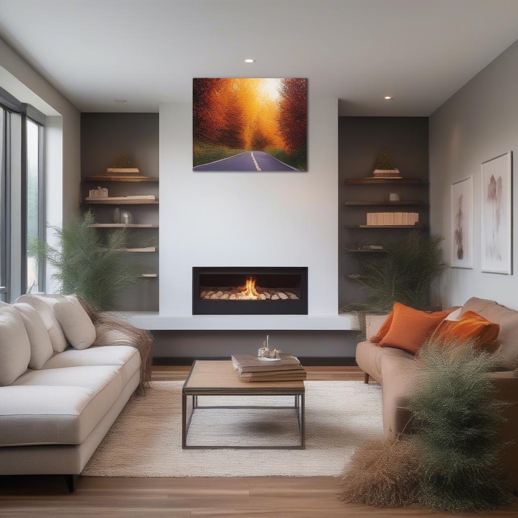 Large custom canvas print displayed above a fireplace in a modern living room setting