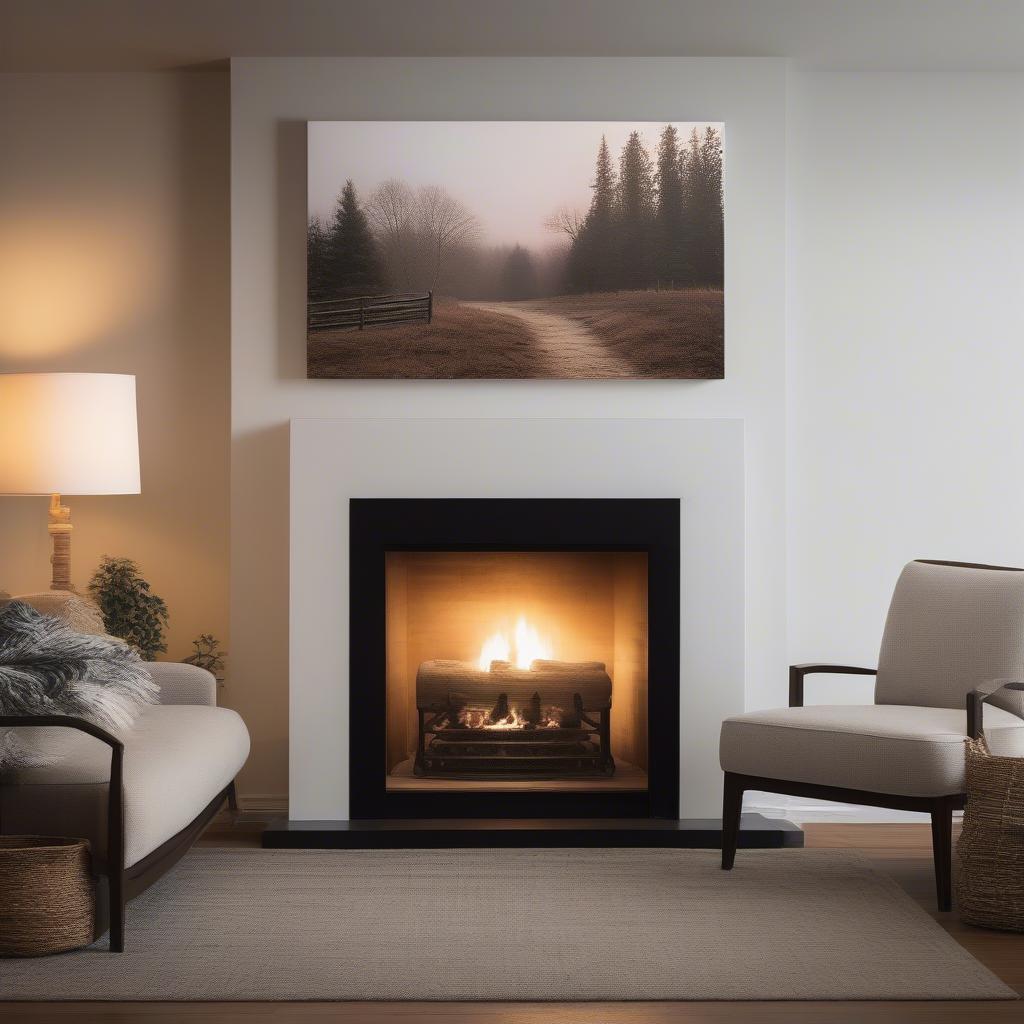 Large custom canvas print hanging above a fireplace in a cozy living room