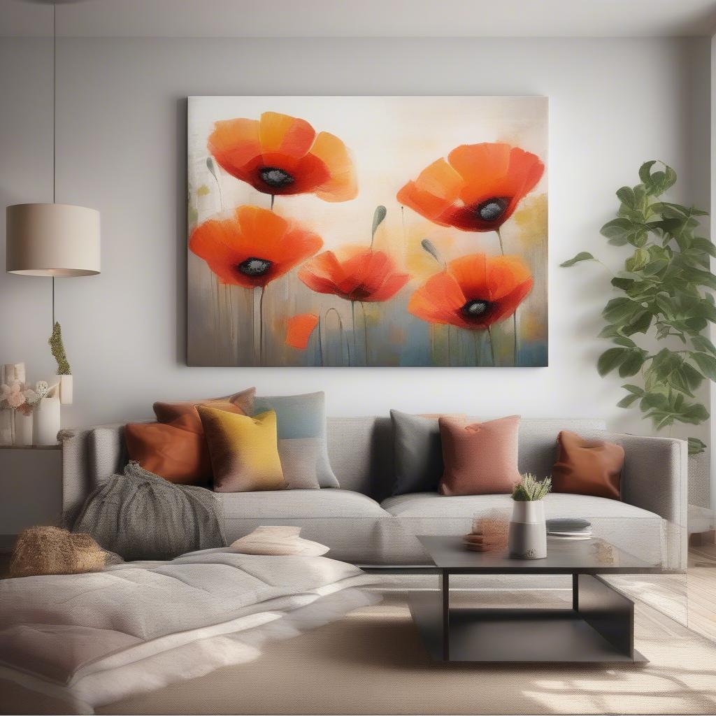 Large flower canvas wall art brightening up a living room