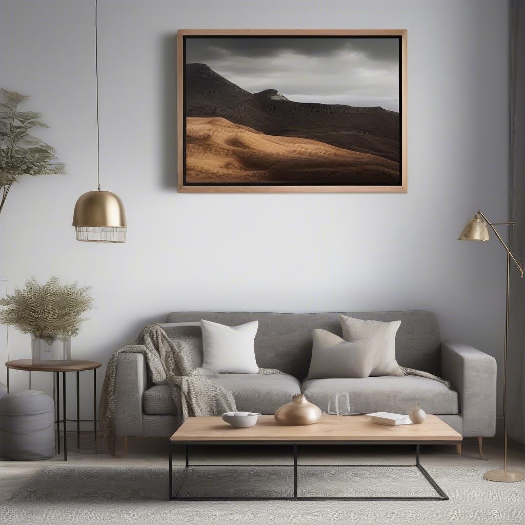 Large framed canvas picture in a modern living room setting showcasing different frame styles and sizes.