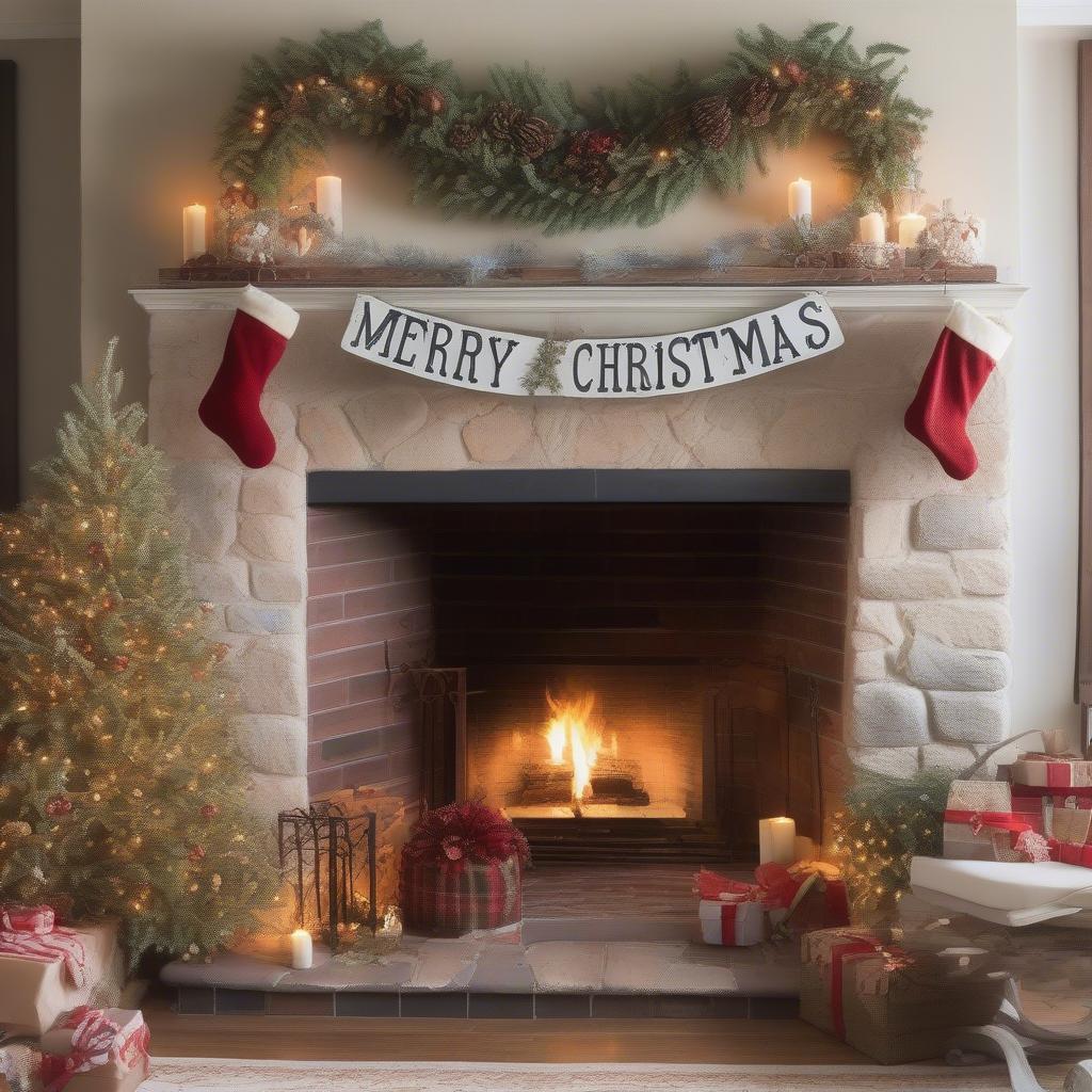 Large Metal Merry Christmas Sign Above Fireplace