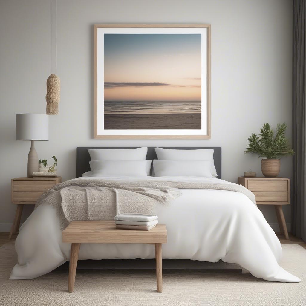 Large photo print with frame in a bedroom décor setting