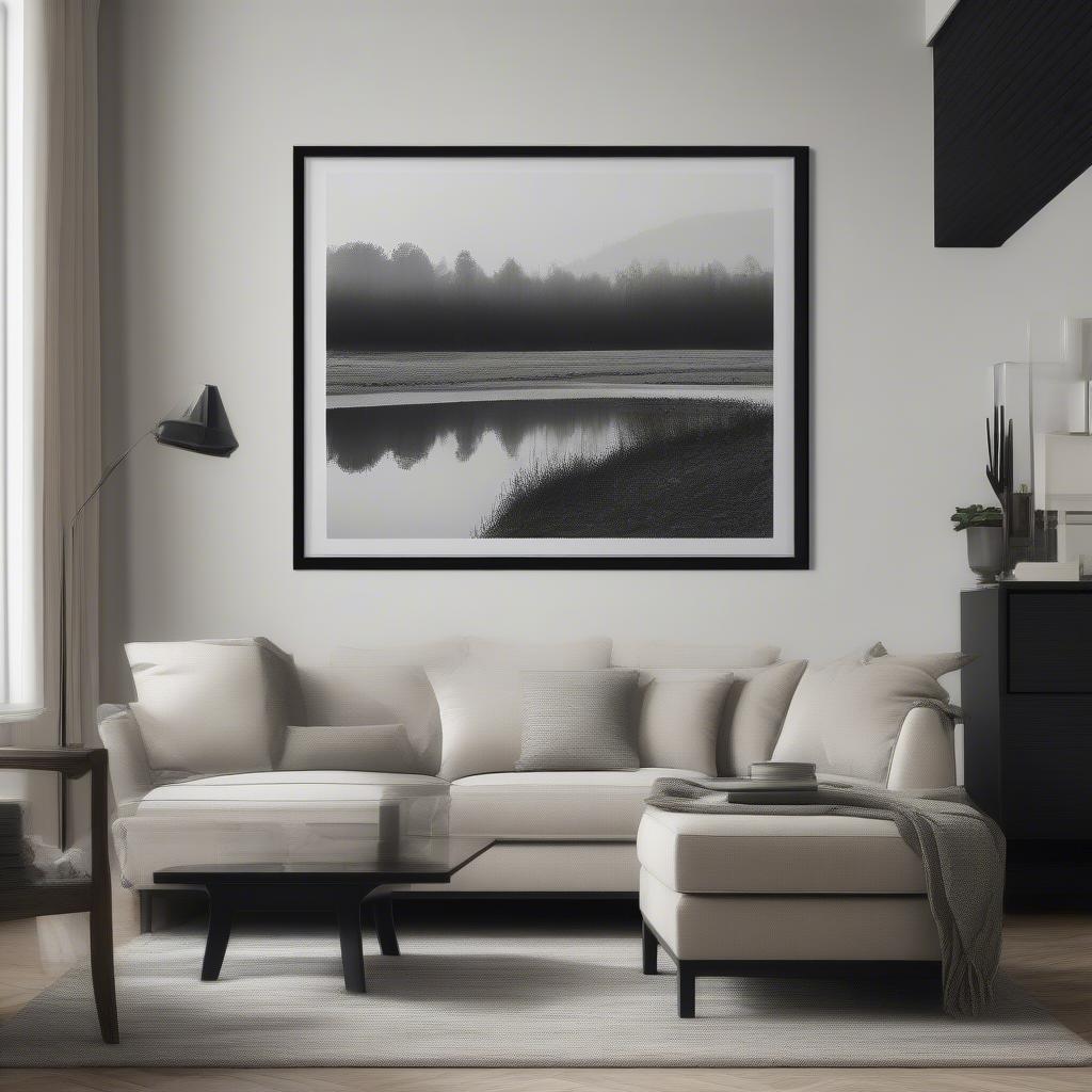 Large photo print with a modern frame in a living room setting