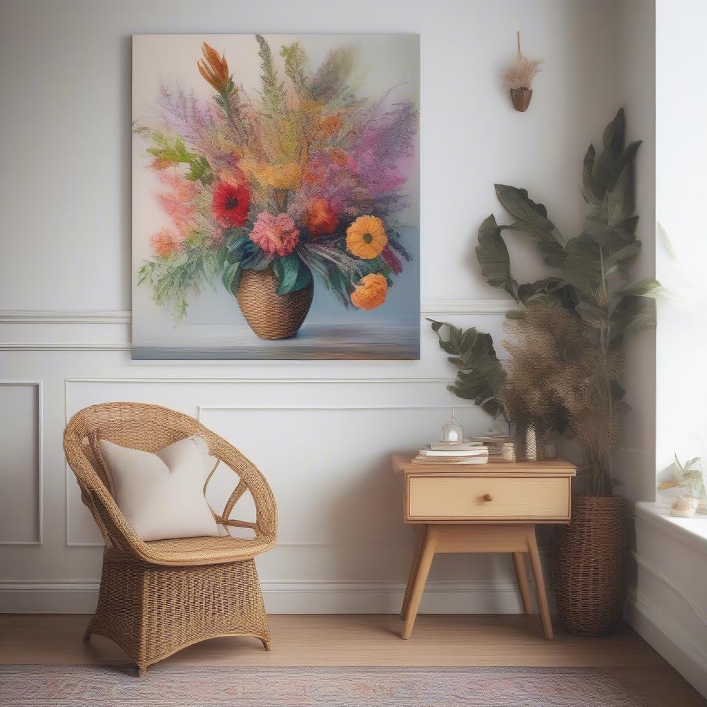 A large portrait canvas hanging in a hallway with wicker furniture.