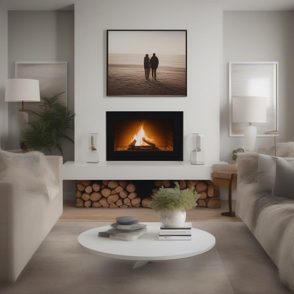 Large portrait canvas hanging above a fireplace in a modern living room