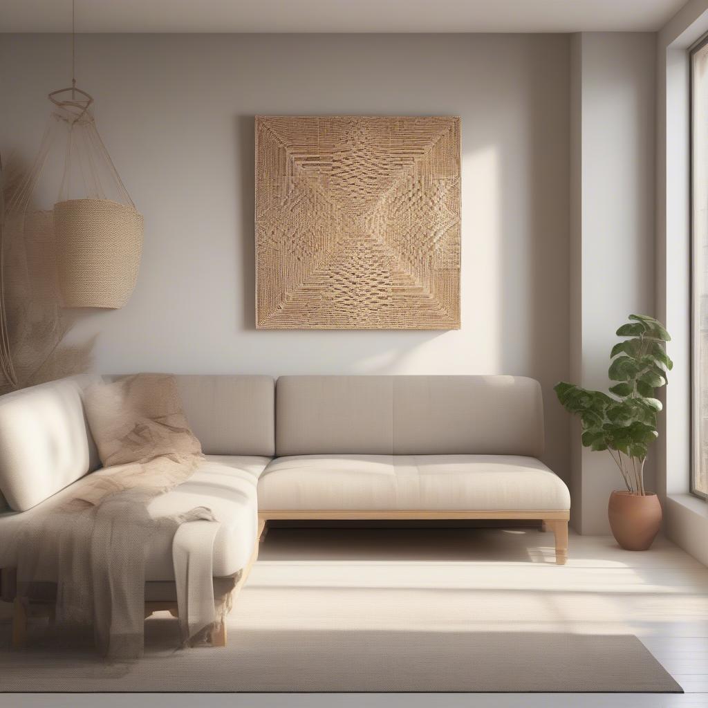 Large square wicker wall art hanging above a sofa in a modern living room