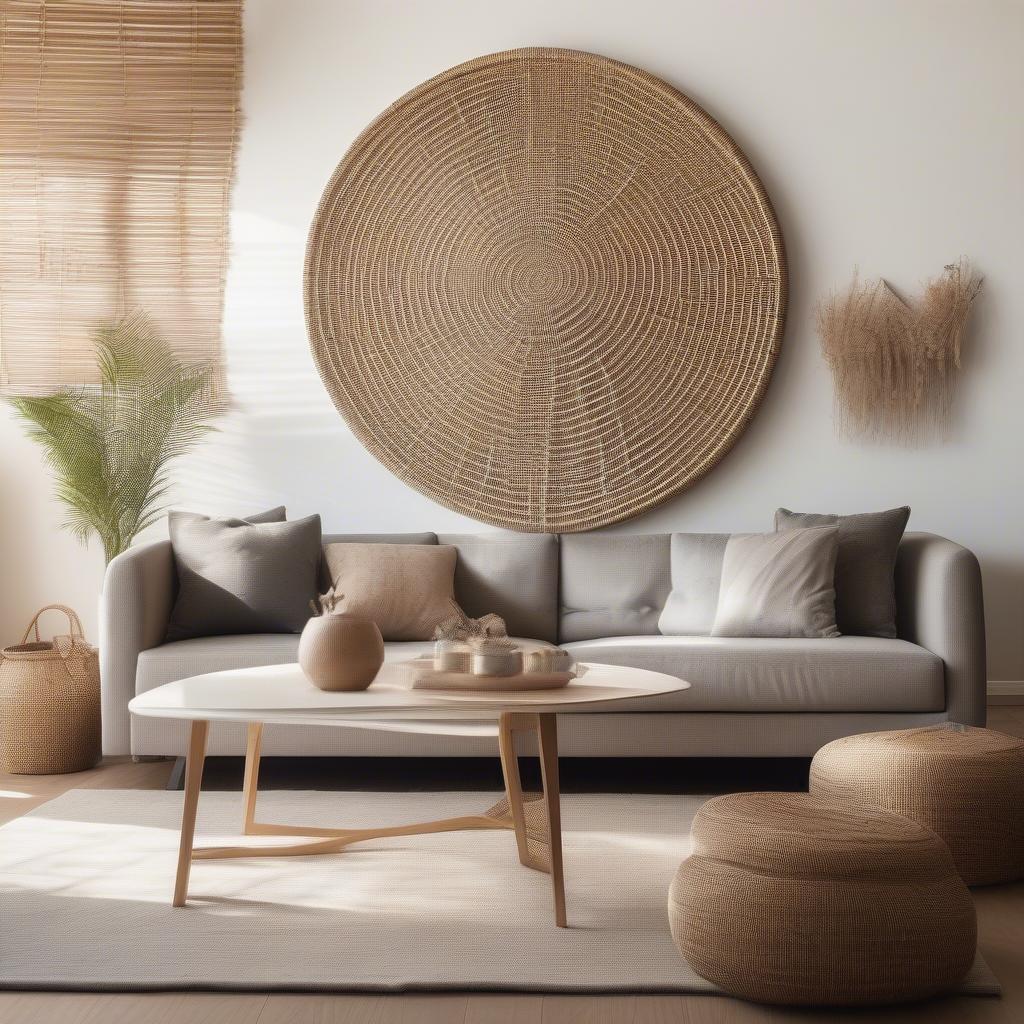 Large wicker wall art hanging above a sofa in a modern living room