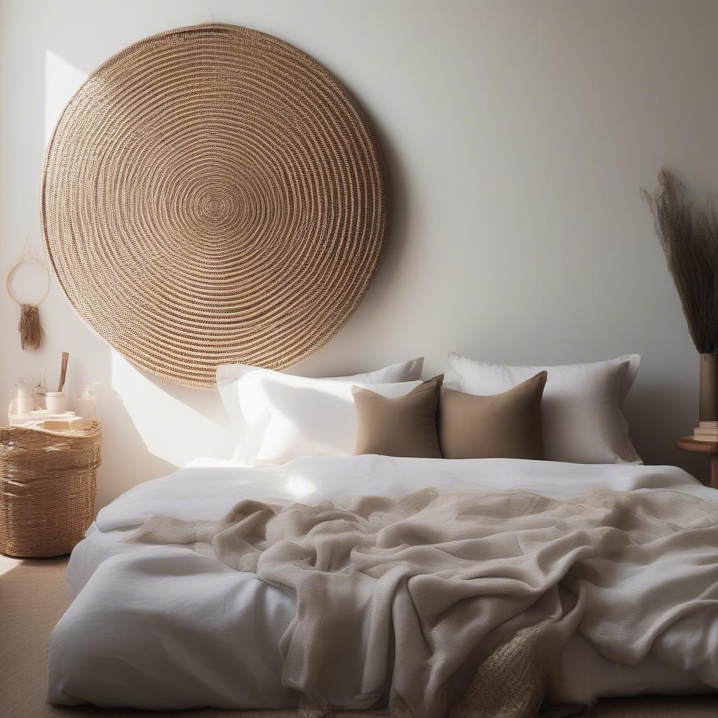 Large wicker wall decor hanging above a bed in a minimalist bedroom.