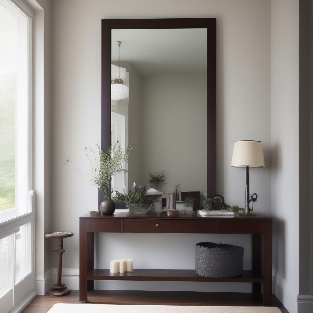 Large Wood Framed Wall Mirror in an Entryway