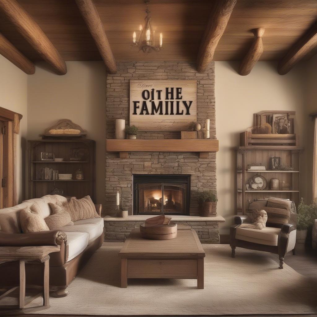 Large Wooden Sign as a Focal Point Above a Fireplace