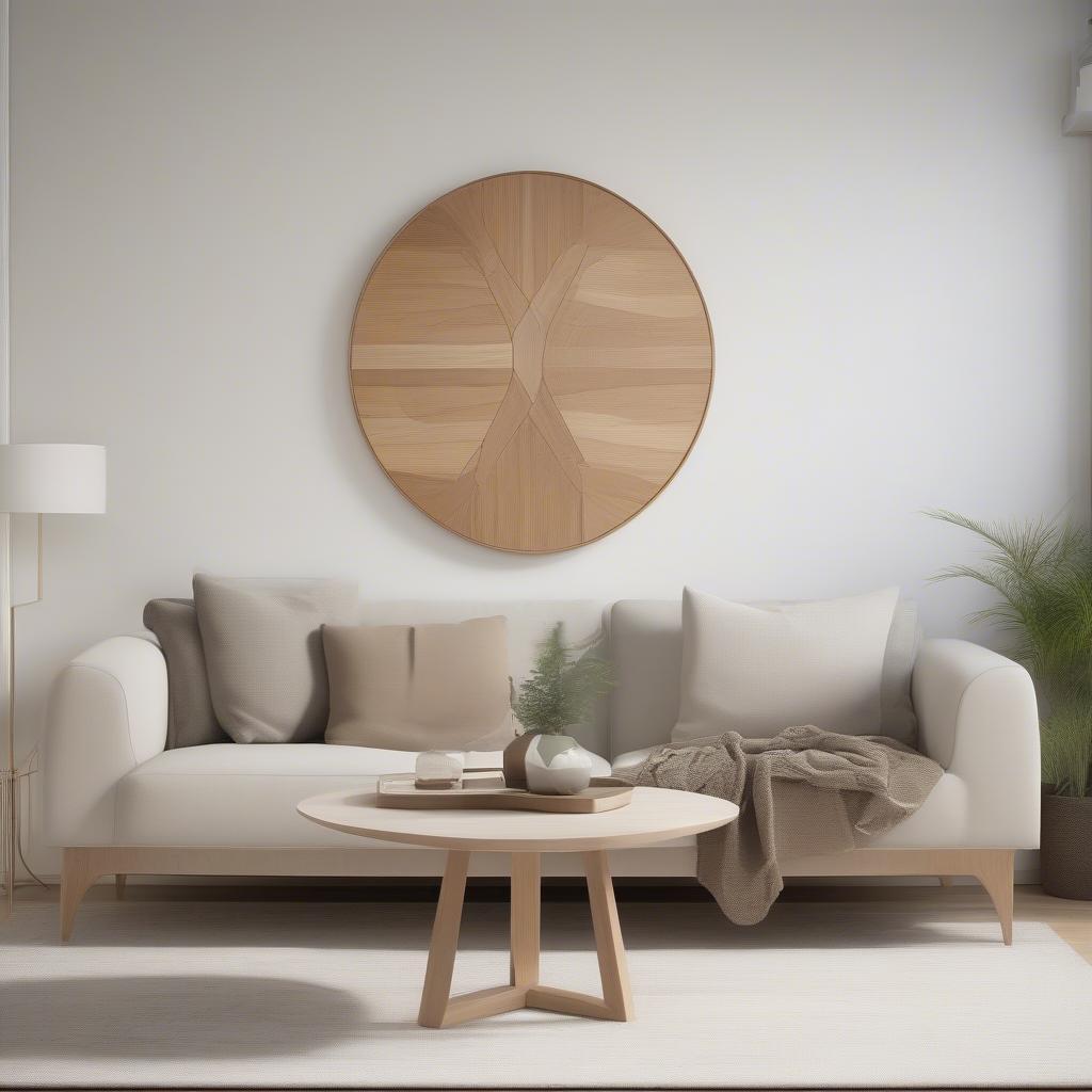 Large wood wall art in a modern minimalist living room