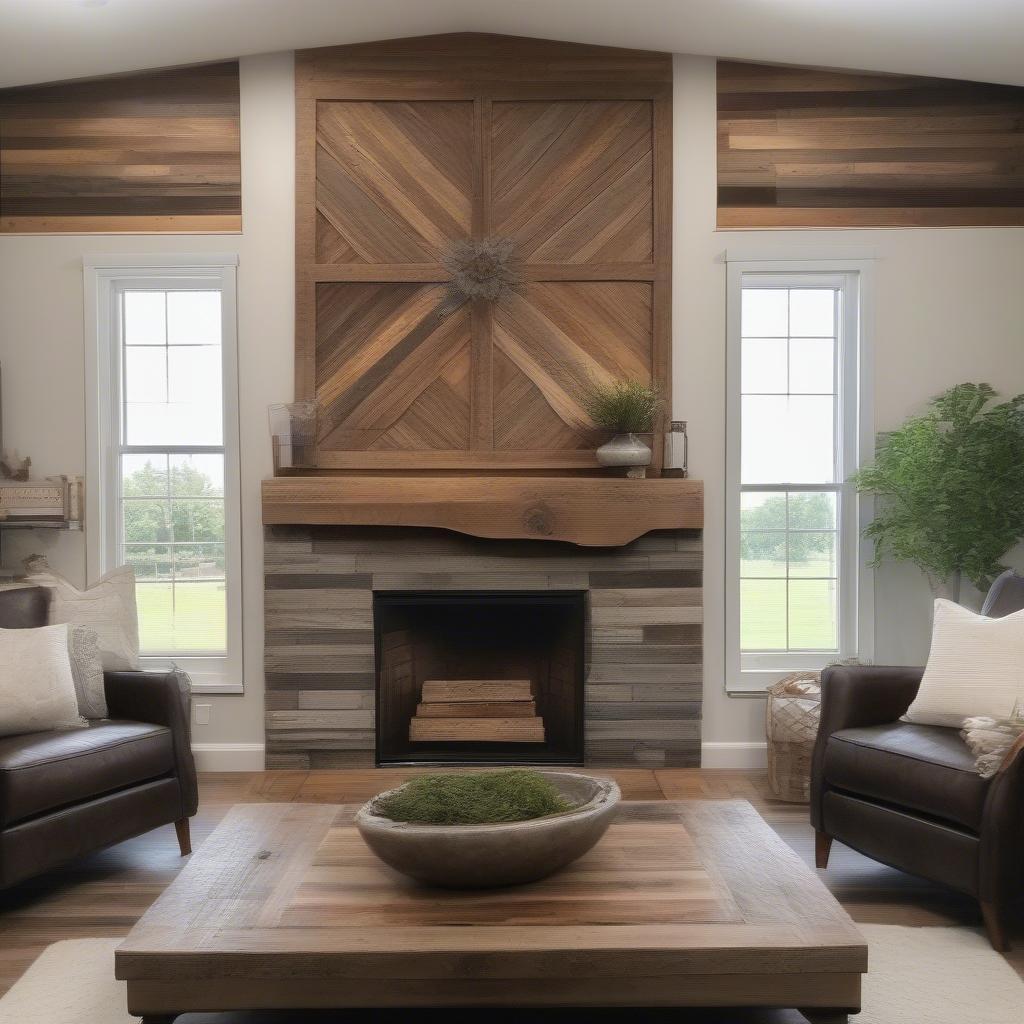 Large wood wall art in a rustic farmhouse setting