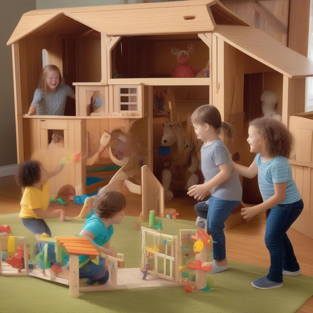 Children playing with a large wooden barn toy