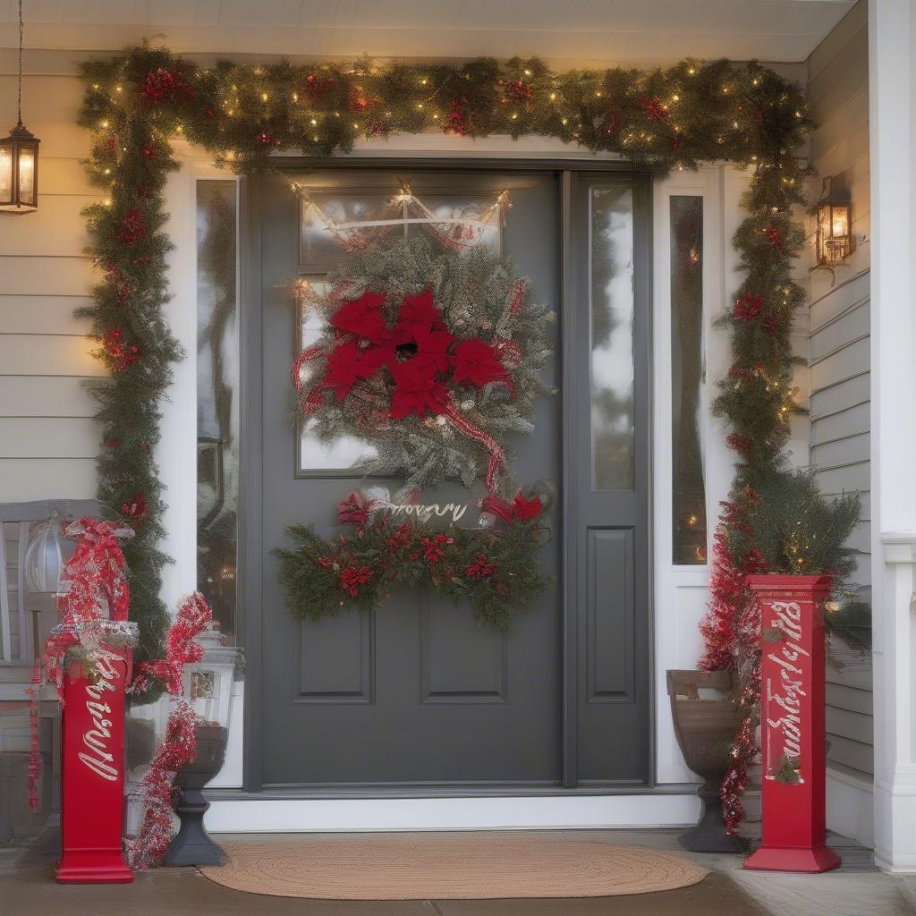 Large wooden Christmas sign displayed on a front porch, decorated with greenery and lights.