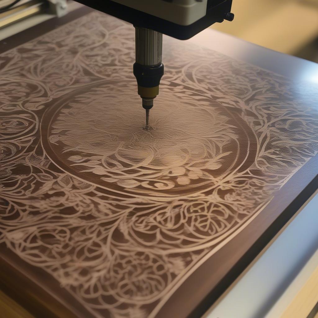 Laser cutting acrylic wood into intricate designs for decorative wood signs