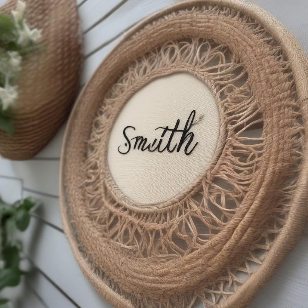 Wicker last name wall hanging with intricate floral design.