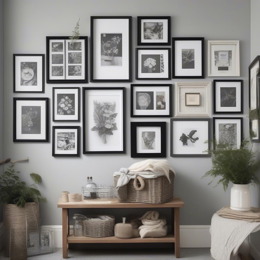 A gallery wall in a laundry room featuring a mix of framed prints, photos, and decorative objects.