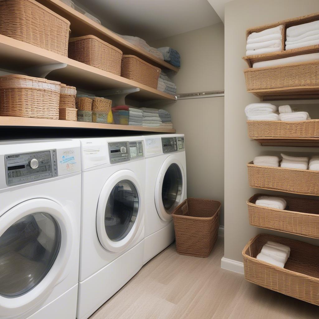 Laundry room shelves neatly organized with labeled containers and wicker baskets.