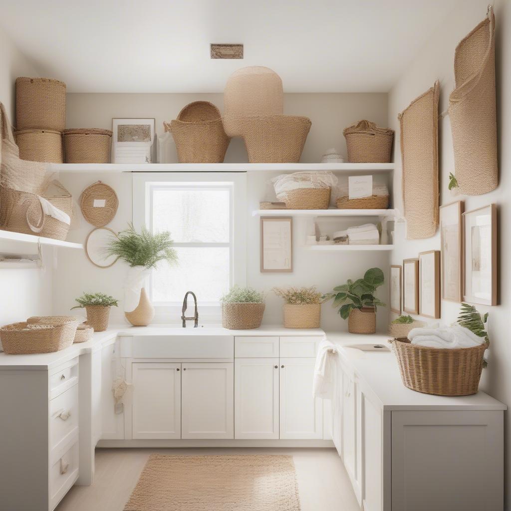 Wicker baskets and framed botanical prints add warmth and texture to a laundry room wall.