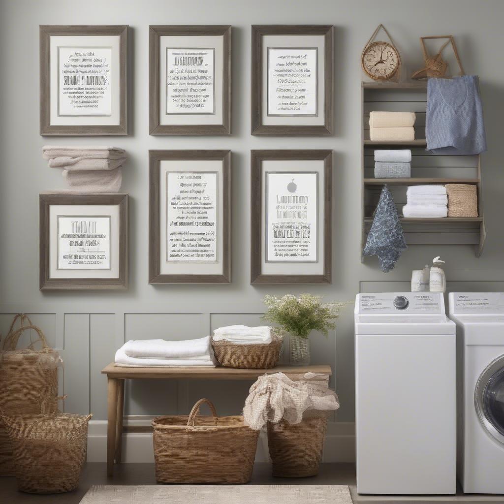 Framed motivational quotes hung on a laundry room wall.