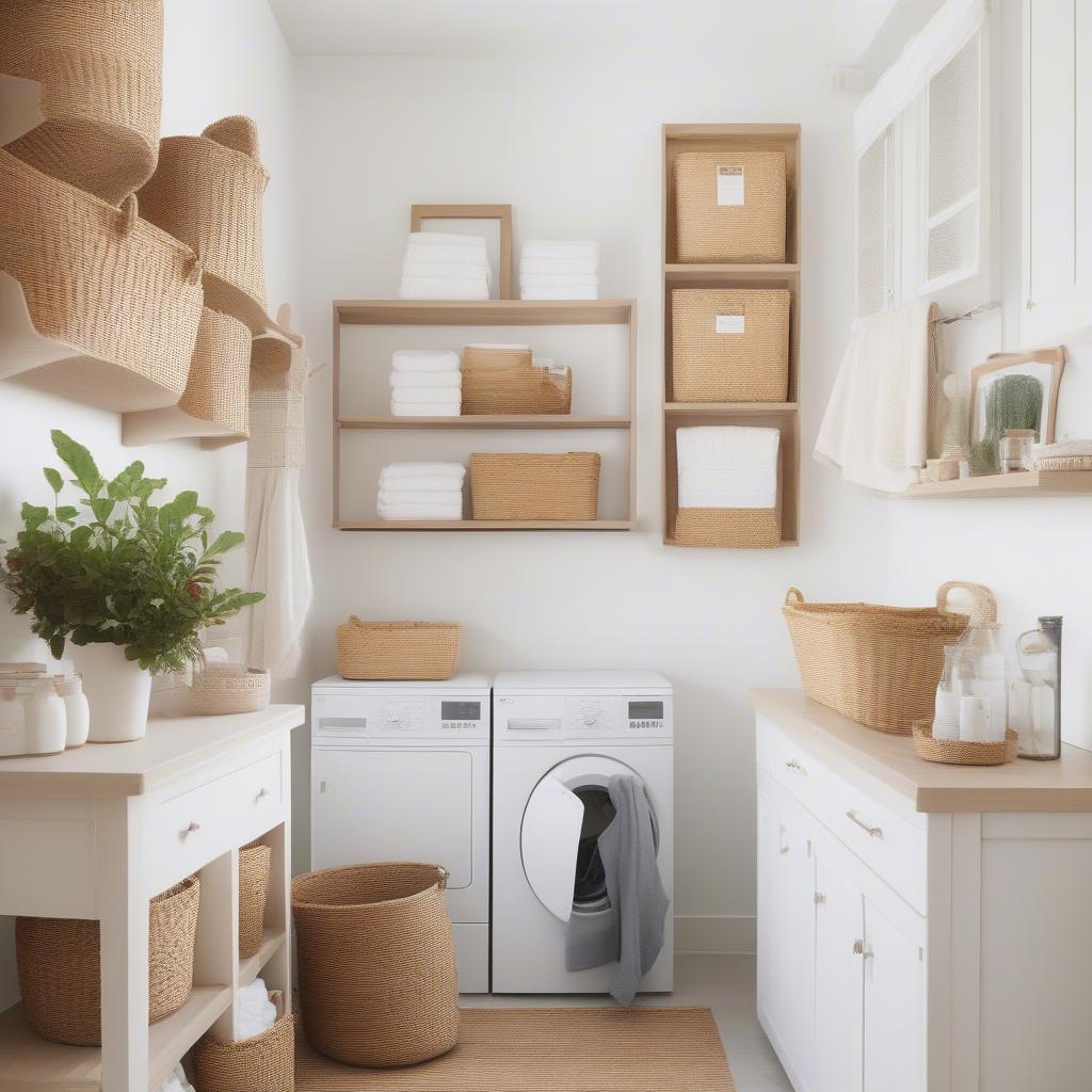 Wicker baskets and wall art create a warm and inviting atmosphere in a laundry room.