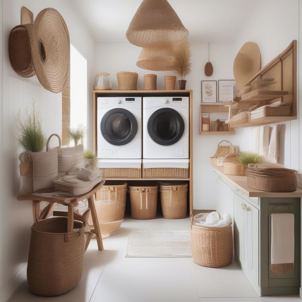 Laundry room decorated with wicker baskets and ornaments