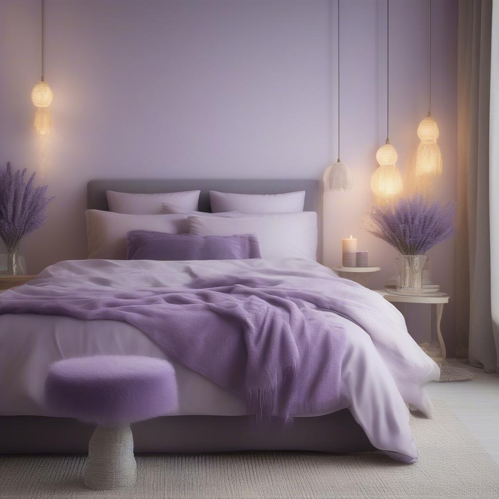 A bedroom decorated with lavender accents, including sheets, pillows, and a throw blanket.