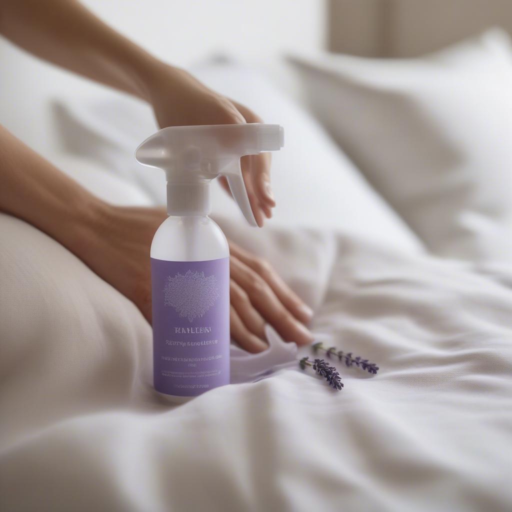 A close-up shot of a hand spraying lavender linen spray onto a fluffy white pillow