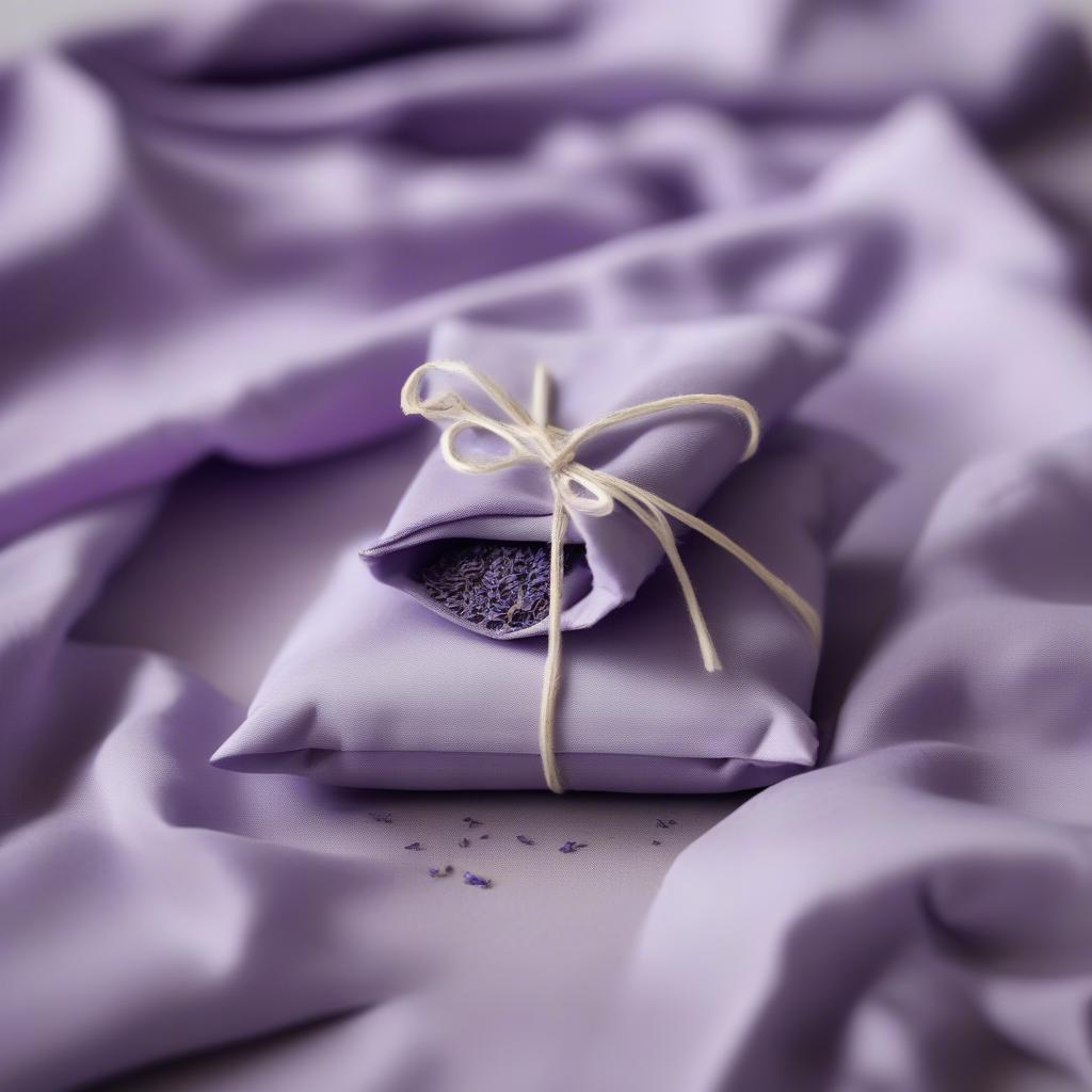 A small lavender sachet placed on folded lavender sheets.