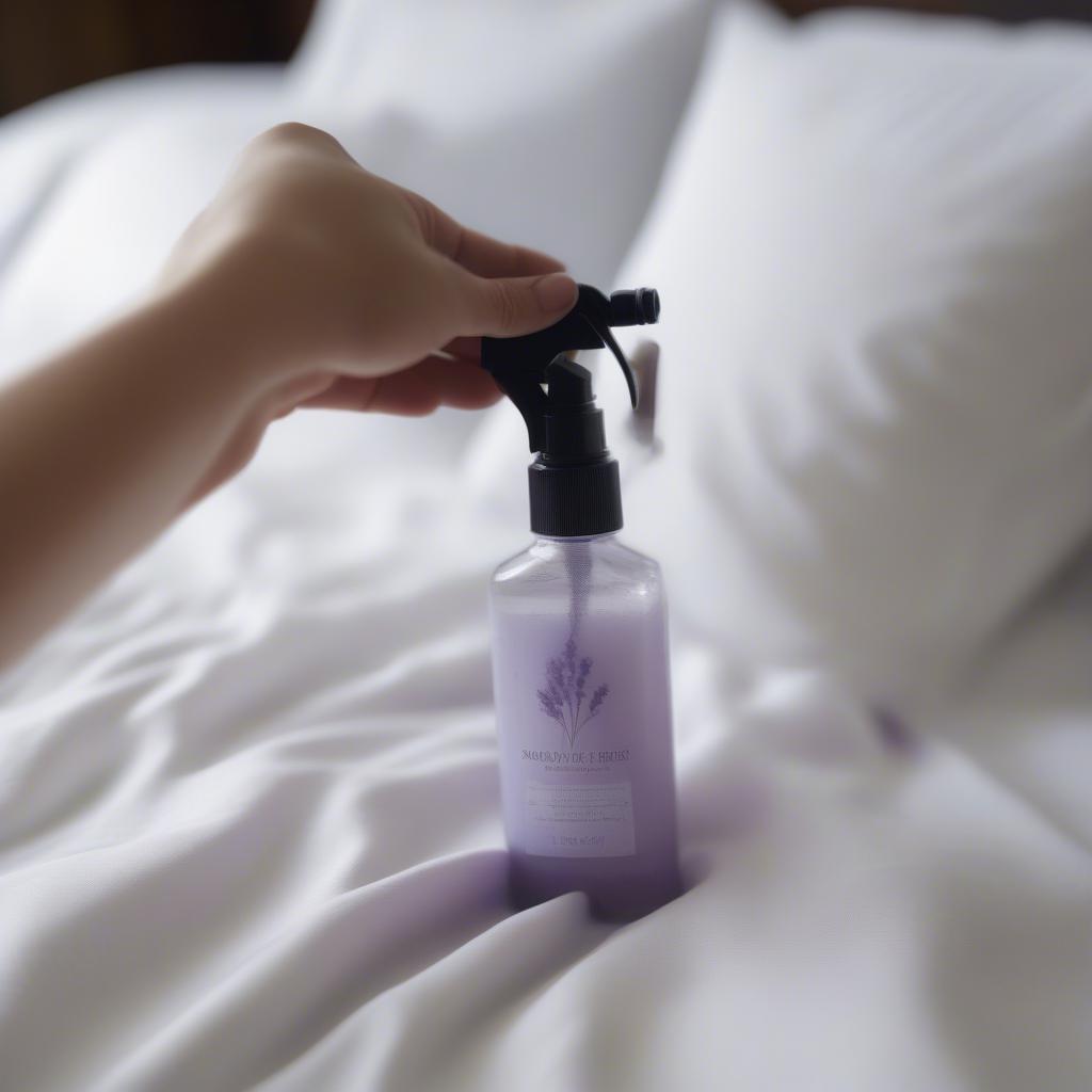 Lavender sheet spray being gently misted onto crisp white bed linens.