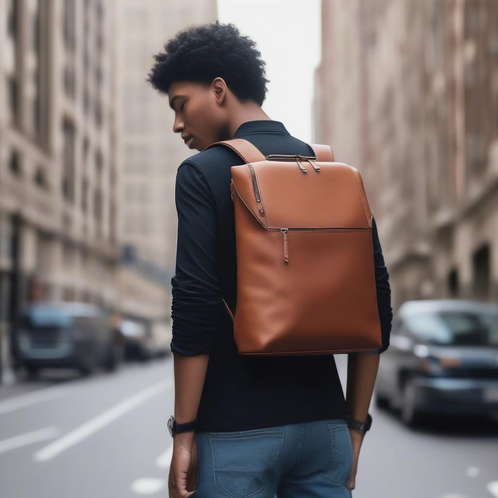 Lifestyle shot of someone wearing a leather zip backpack in an urban setting, demonstrating its versatility and stylish appearance.