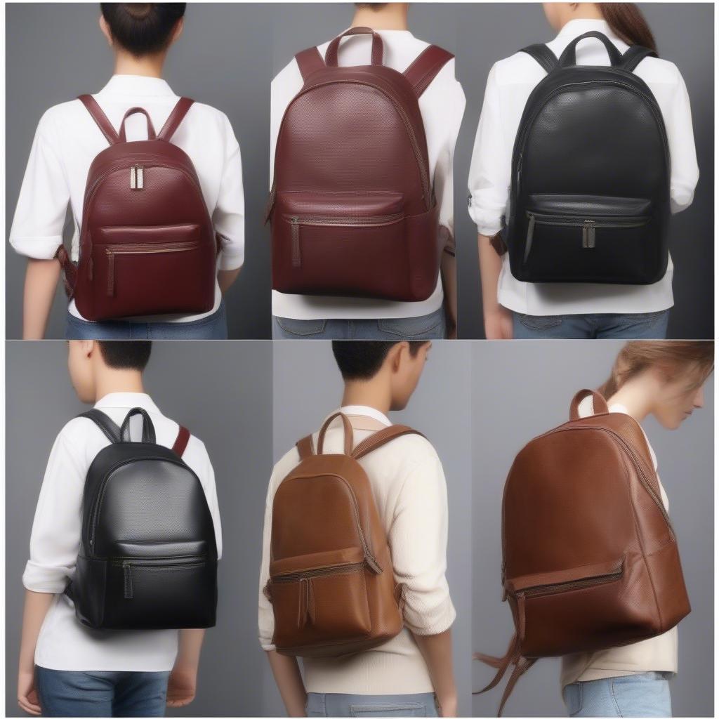 Different styles of leather zip backpacks showcased, highlighting various designs, colors, and sizes.