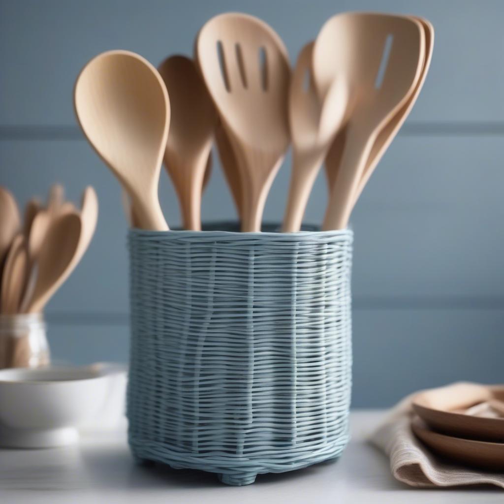 Light blue wicker utensil holder in a bright, airy kitchen.