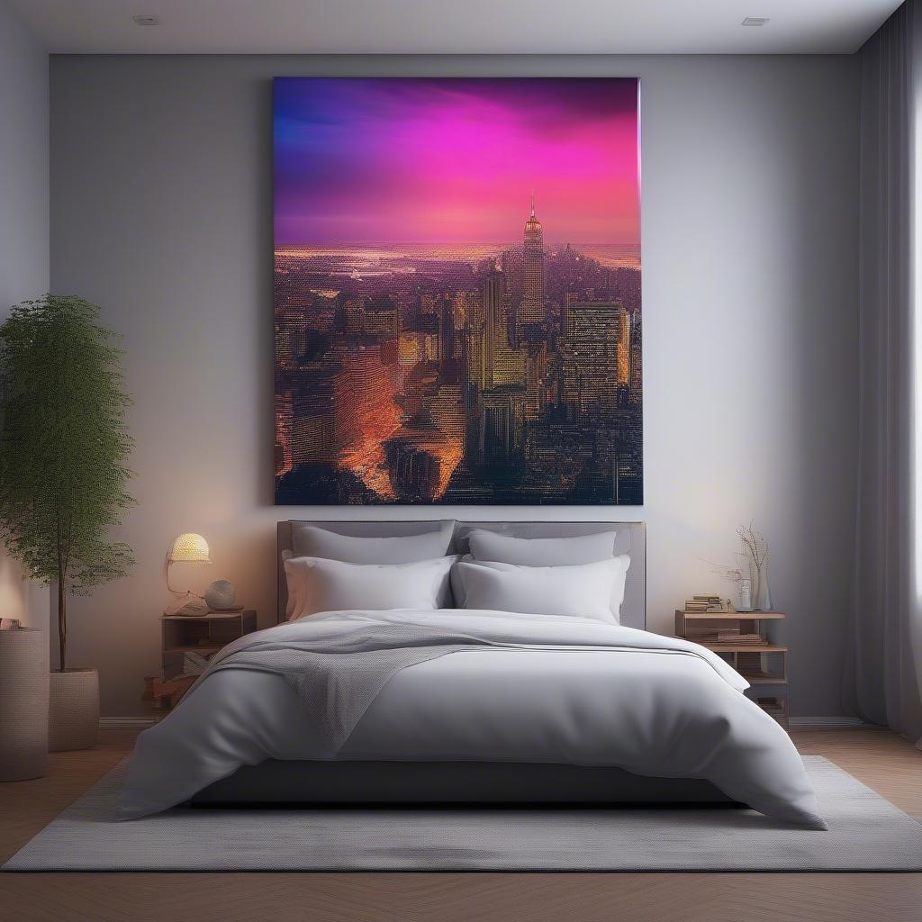 Light up canvas art creating a focal point in a bedroom