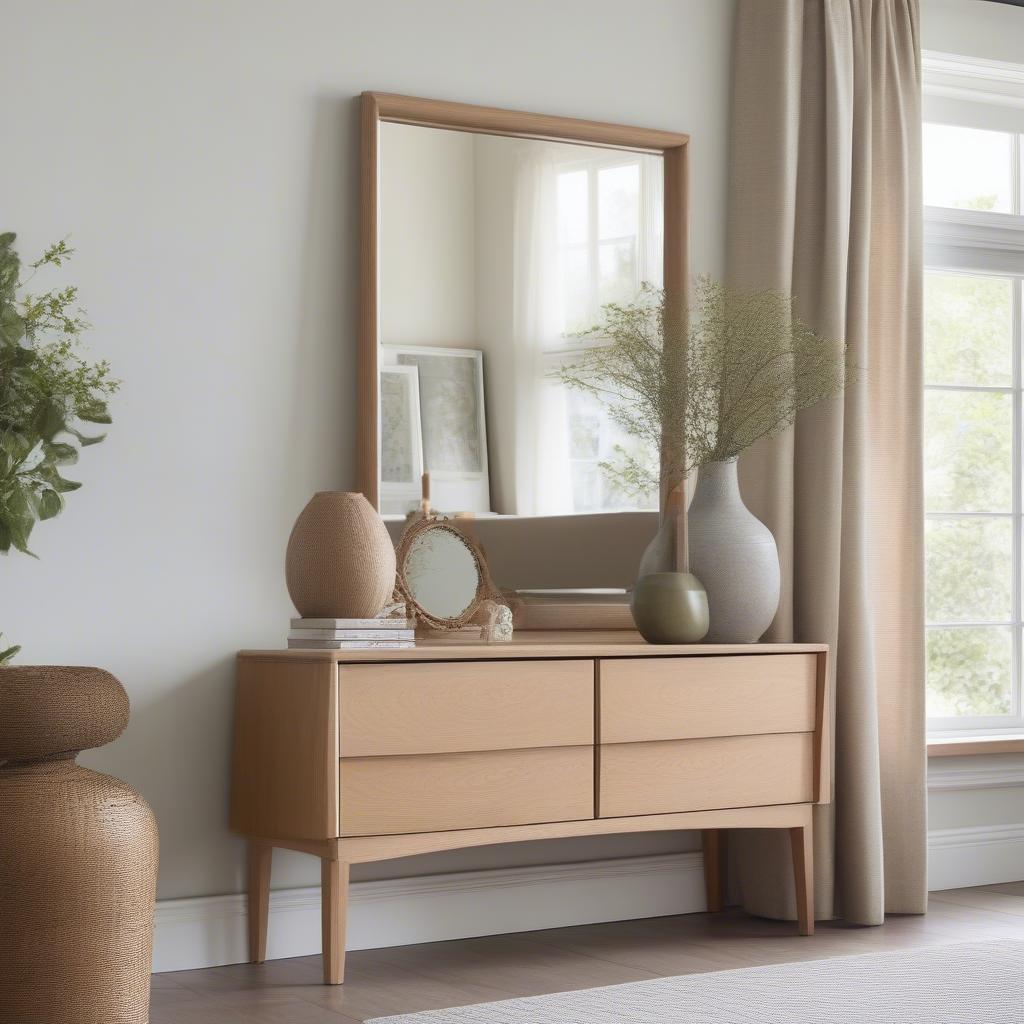 Light Wood Framed Mirror Brightening a Room