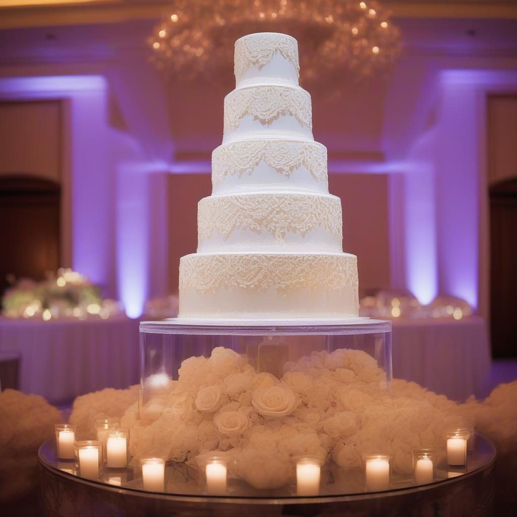 Lighted acrylic cake stand displaying a multi-tiered wedding cake at a reception.