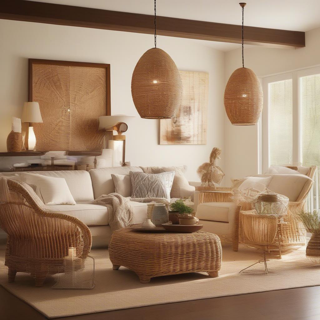 Wicker pendant lights illuminating a small living room, showcasing the warm and inviting ambiance created by the combination of natural materials and soft lighting.