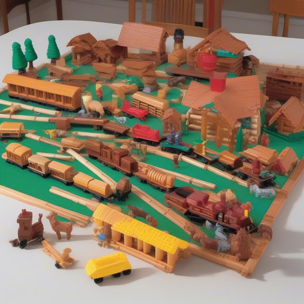 Lincoln Logs bulk set with various accessories, including roof pieces, figures, and a motorized component.