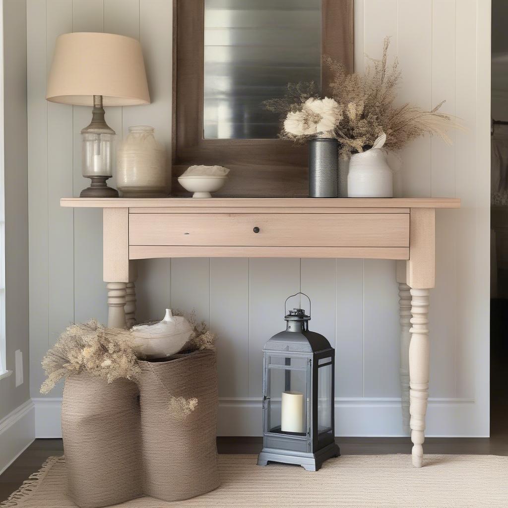 Linen table runner on a console table with a vase and decorative items