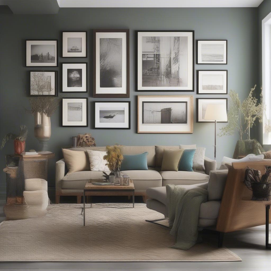 Gallery Wall with Framed Pictures in Living Room