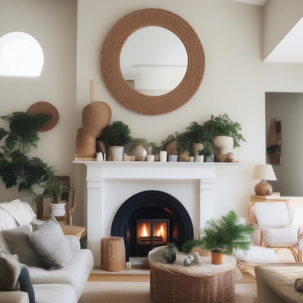 Living Room with a Wicker Mirror as a Focal Point