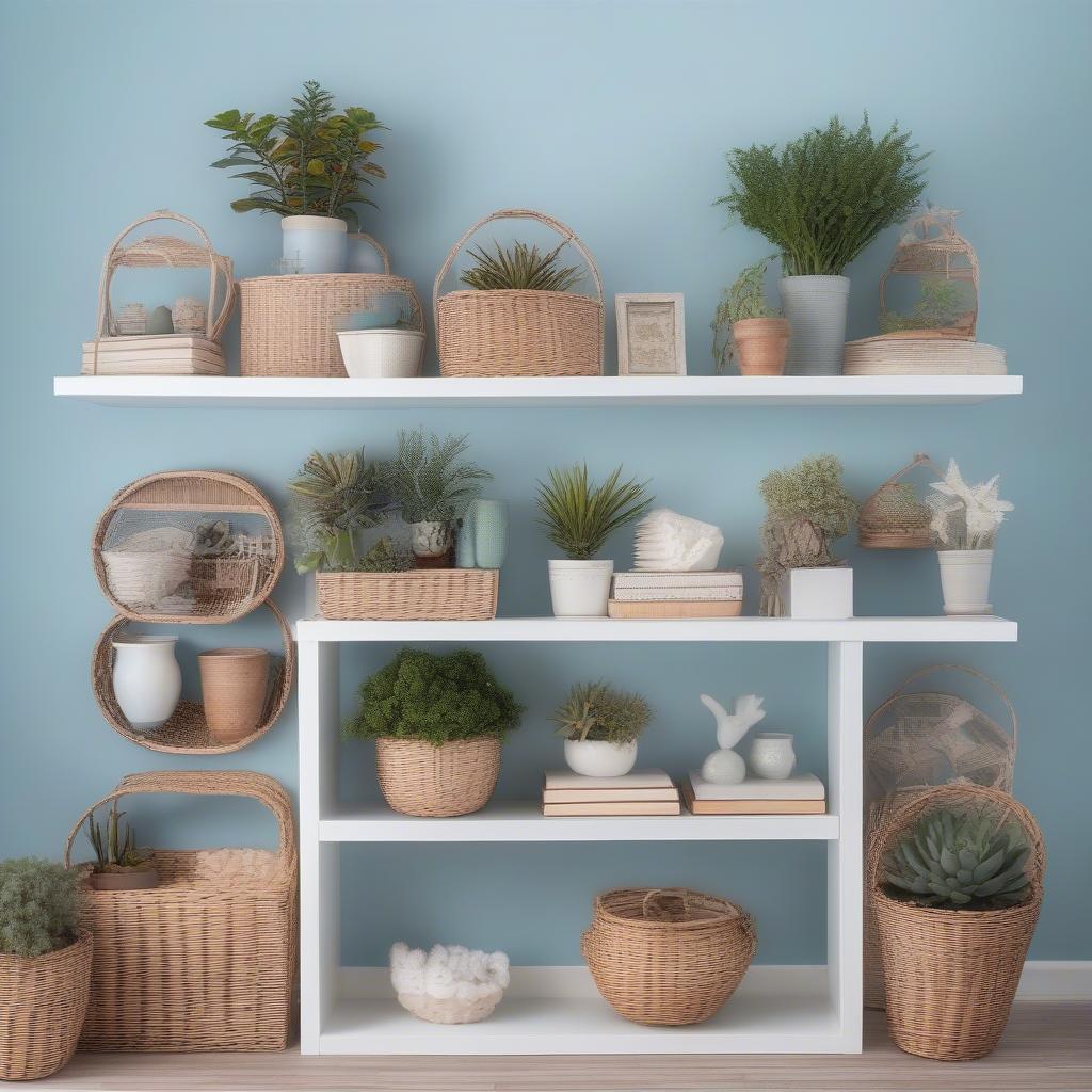 Living Room Wall with Floating Shelves and Wicker Baskets