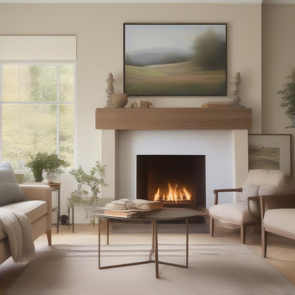 Landscape painting above fireplace in a cozy living room