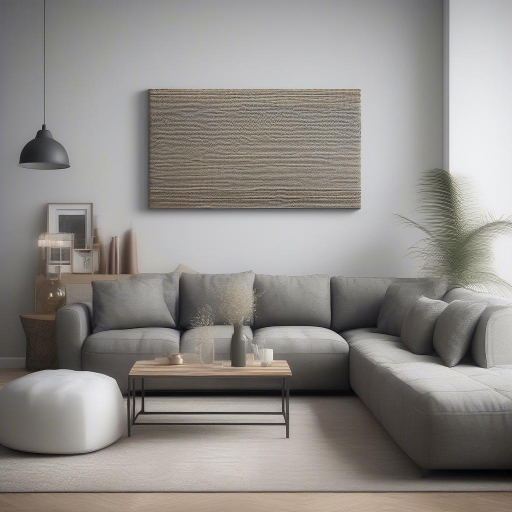 Long wicker canvas art hanging above a sofa in a living room