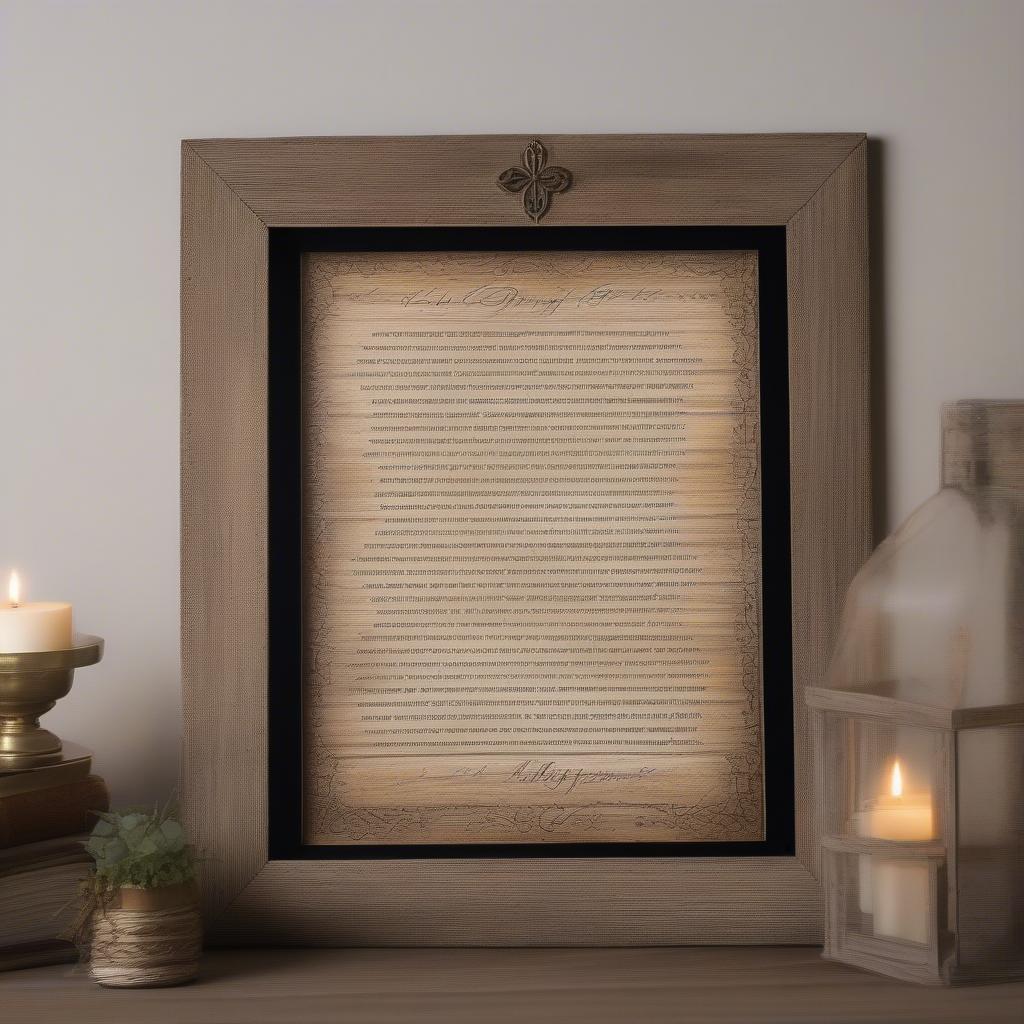 Lord's Prayer calligraphy in a rustic wooden frame