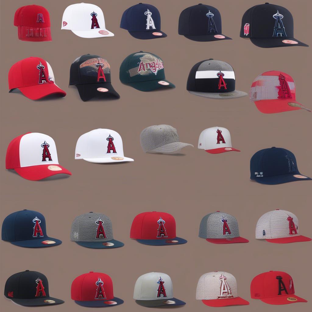 Los Angeles Angels Hats Styles: A variety of Angels hats including fitted, snapback, adjustable, and dad hats.