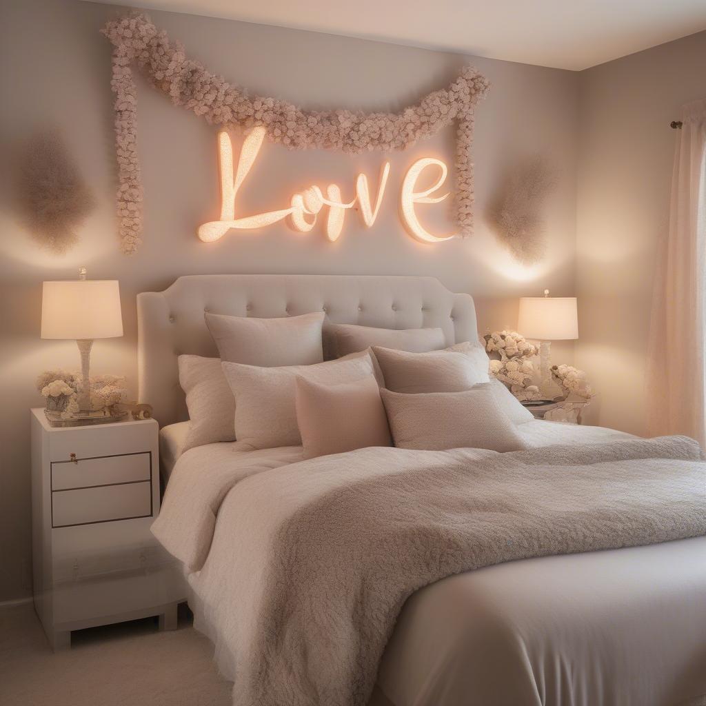 Love is wall art in a bedroom setting