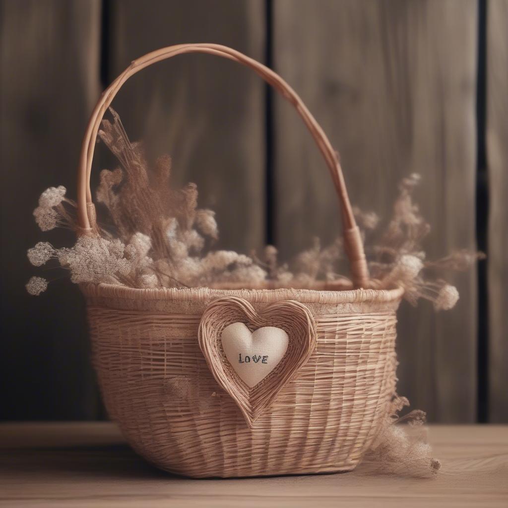 Wicker basket with a woven love quote.