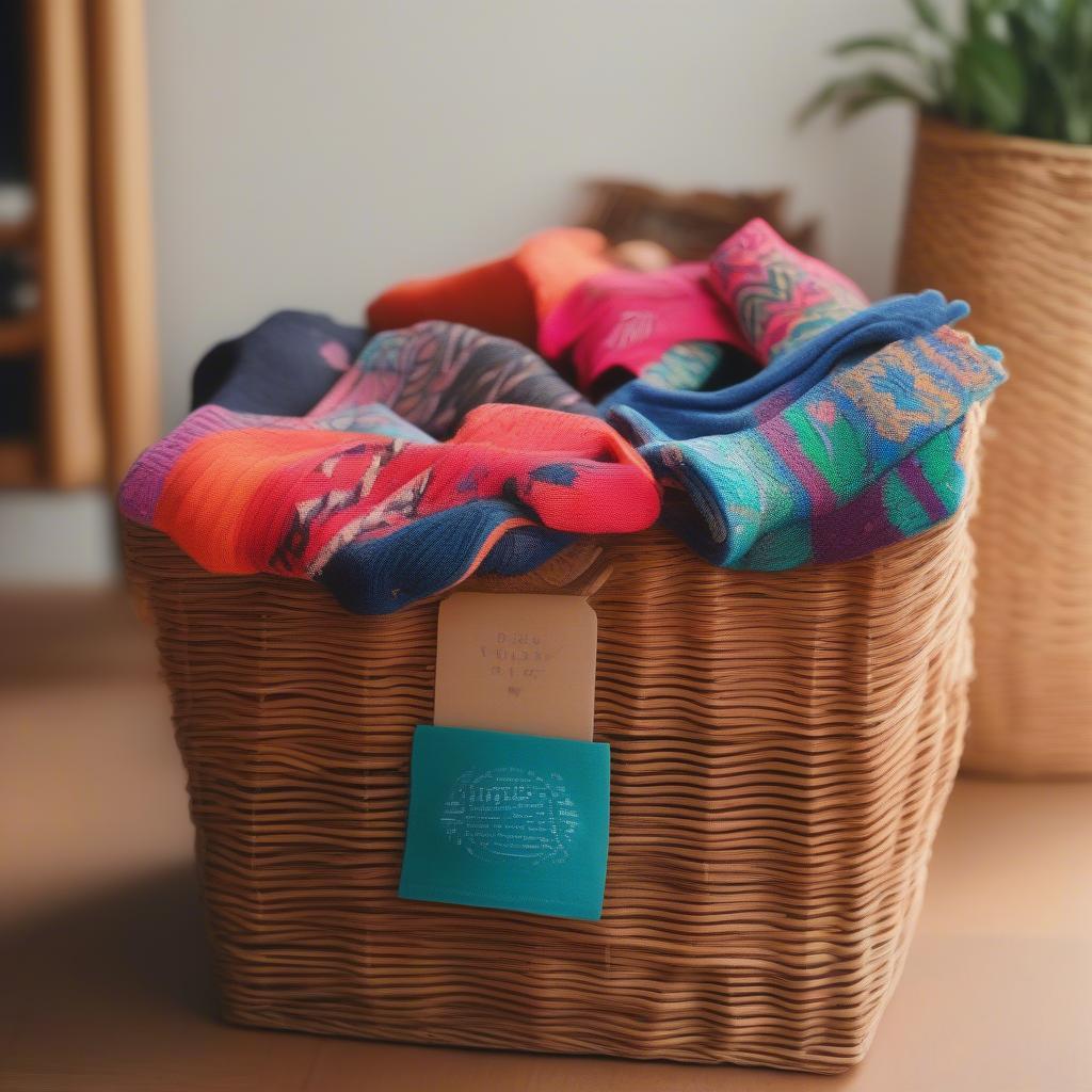 Lucky socks placed next to a wicker basket