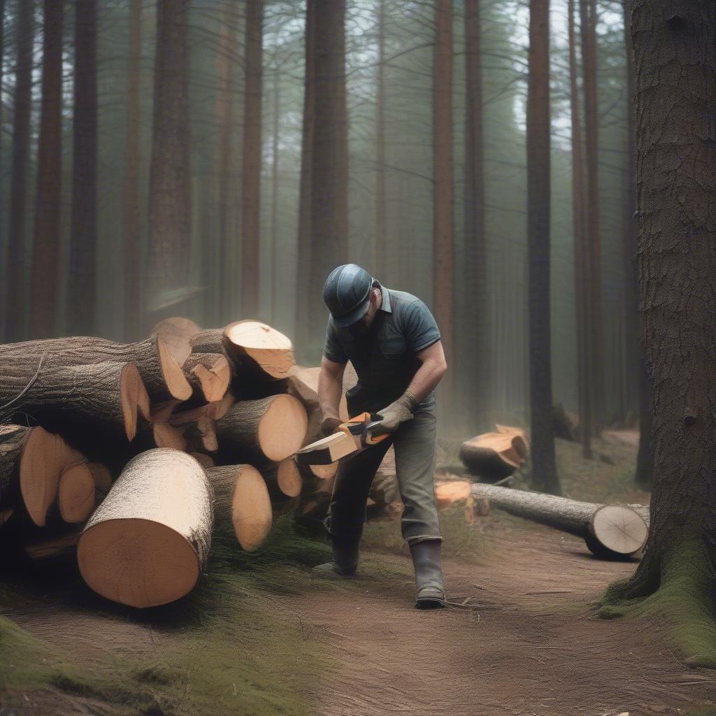 Lumberjack felling a tree in a dense forest, showcasing the first step in the wood's journey from nature to crafted object.